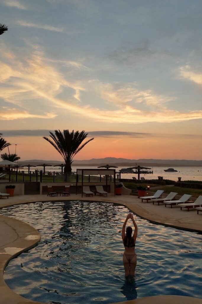 La Hacienda pool at sunset, Paracas, Peru